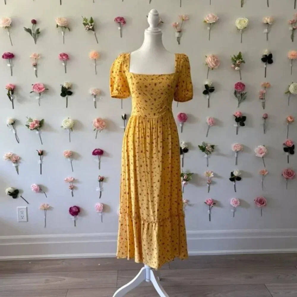 Reformation Mustard Floral Midi Dress - Size US 4 - Picture 3 of 8